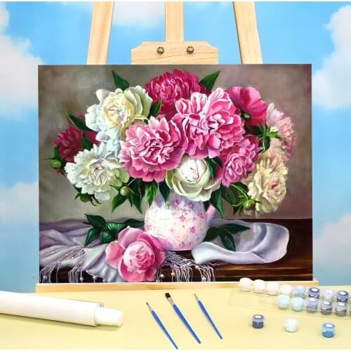 Peony Flowers House DIY Painting By Numbers Kit Acrylic Paints 40*50 Canvas Painting Decorative Paintings Children Art