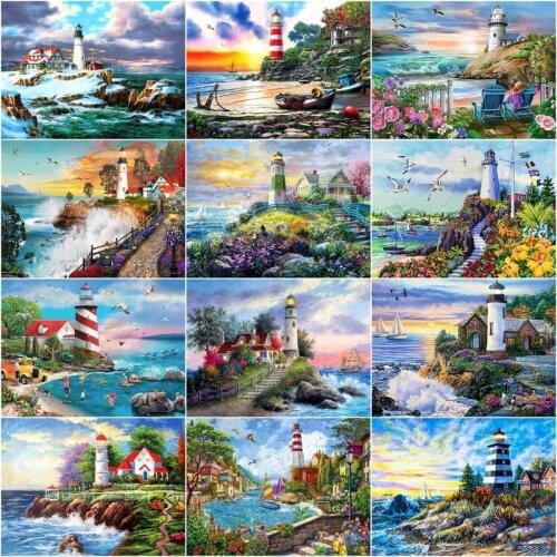 GATYZTORY Oil Paint By Number Lighthouse Seascape Kits For Adults Children 60x75cm Frame Drawing On Canvas Home Art Photo