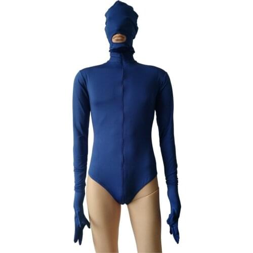 Double front zipper to Hip short half bodysuit Spandex tights Party Cosplay Costumes jumpsuit for women men removable hood hands