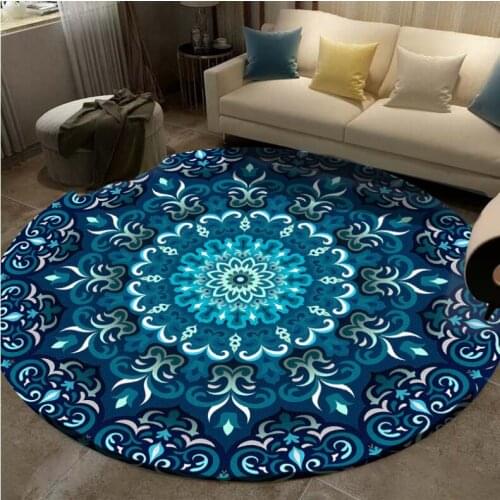 European national style blue, brown, camel, Mandala flower circular living room, bedroom anti slip mat carpet, European round ca