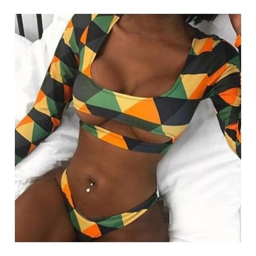 Hot Summer Women Geometric Print Hollow Bikini Set Push-up Padded Bra Swimsuit Swimwear Long Sleeve Batthing Swimming Suit