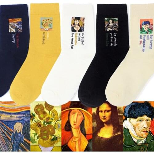 Fashion Winter Oil Painting Sunflower Mona Lisa Socks Female Retro Art Abstract Funny Letter Shark Women Socks