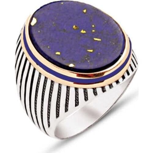 Silver Lapis Gemstone Sides Enamel Embellished Stripe Case Men 'S Ring