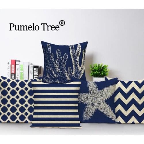 Starfish Blue Geometric Pillow Cover Living Room Customized Cushion Cover Wave Linen Print Car Seat Cover Custom Throw Pillows