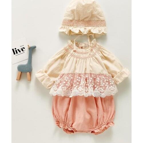 2021 New Baby Girl Bodysuit Autumn Long Sleeve Clothes Cotton Jumpsuit For Newborn Onesie With Hat Princess Lace Toddler Outfits