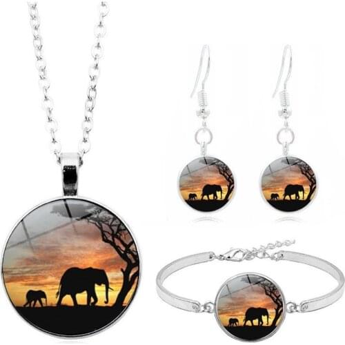 European and American New Accessories Elephant Family Time Gem Necklace Set Silver color Bracelet Earrings Jewelry Set