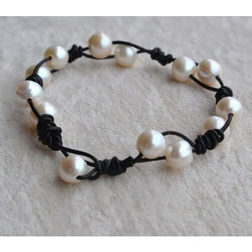 New Favorite Pearl Bracelet Black Leather White Genuine Freshwater Pearls Fine Wedding Birthday Party Jewelry Charming Lady Gift