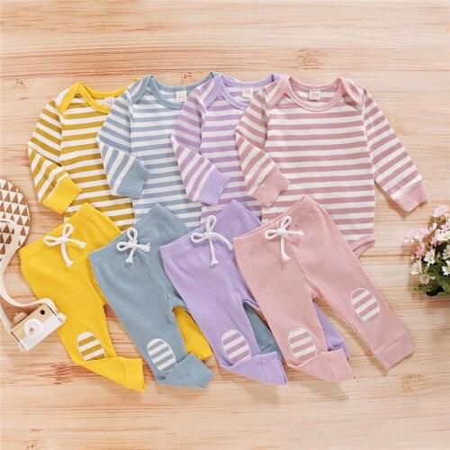 Baby Autumn Clothing 2Pcs Baby Girls Boys Outfit Long Sleeve Round Collar Striped Romper + Patch Decoration Long Pants Set 0-24M
