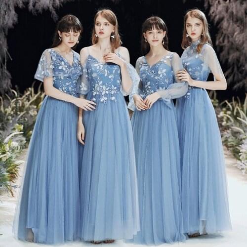 Bridesmaids Dresses Illusion V-Neck A-Line Half Off The Shoulder Embroidery Lace Tulle Floor-Length Lady Wedding Party Gown E145