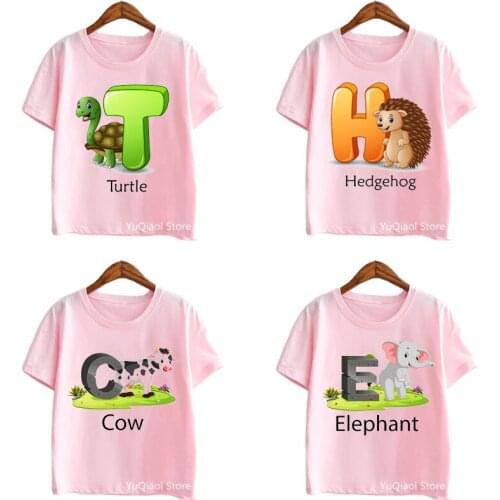 Pink Girl T-Shirt Cute Cartoon Animals Hedgehog/Giraffe/Elephant/Cow/Bear/Koala/Tiger/Horse Print Graphic T Shirts Kids Clothes