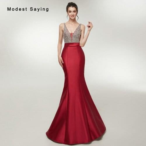 Sexy Balckless Dark Red Mermaid Plunging Neck Beaded Evening Dresses 2018 with Rhinestone Formal Engagement Party Prom Gowns