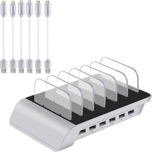 USB Charging station 6 Port with 6 cables 5V10.2A Universal USB Charger Station Stand Holder Desktop Charger for Mobile Phone