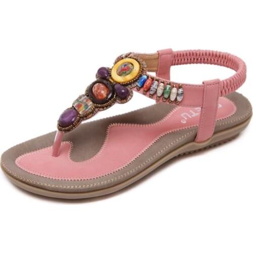 2021 SIKETU Summer Shoes Women Bohemian Flip Flops Soft Flat Sandals Gilrs Casual Beads Strings Sandal Pink Apricot Bling Ethnic