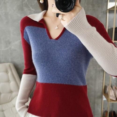 2021 Spring New V-Neck Cashmere Sweater Women' Color-Blocking Pullover 100%Wool Knit Top Fashion Slim Soft Lapel Bottoming Shirt