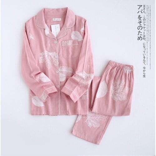 Fresh Maple Leaf Pajama Sets Women 100% Gauze Cotton 2020 Autumn Long Sleeve Casual Sleepwear Women Pyjamas Pijamas Para Mujer