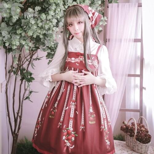 Kawaii Women Summer Dress 2018 Vintage Vestido With Bow Empire Printing Apple Floral Elegant Dress Japanese Party Lolita Dresses