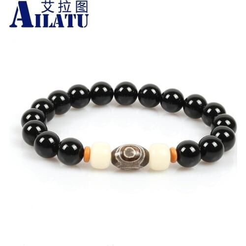Ailatu New Design 10mm Aventurine Stone Beads &Black Round Beads with Dzi Eye Stone Bead Charm Bracelets Jewelry for Unisex