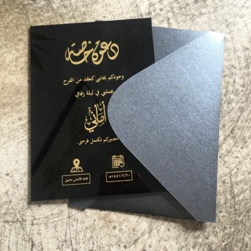 10pcs elegant black acrylic wedding invitation card envelop with gold words printing