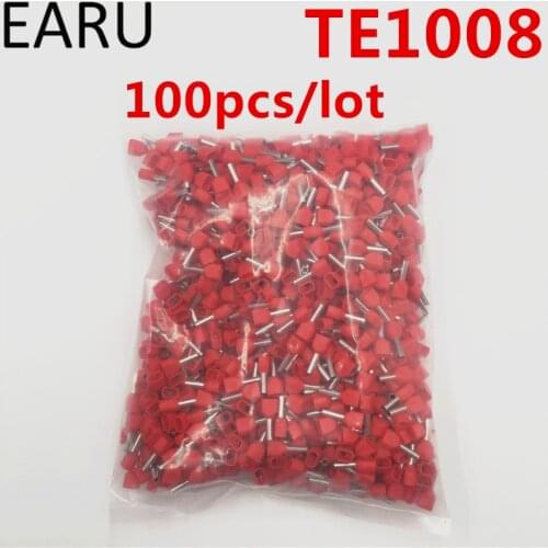 100PCS E Tube TE1008 Type Double Pipe Insulated Twin Cord Cold-press Terminal Block Connector Needle End Multicolor 2X1.0 mm2