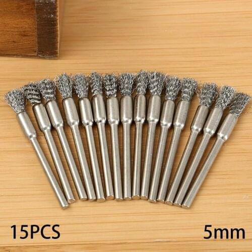 15Pcs/set 5mm Stainless Steel Wire Brush Mold Grinder Handle Electric Rotary Drill Wire Brush Kits