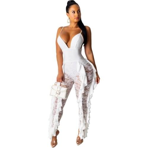 2019 Autumn Rompers Womens Lace Stitching Jumpsuit Printed Sexy Halter High waist Club Overalls Bodysuits