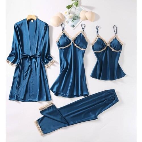 4PCS Satin Lace Sleepwear Sleep Suit Sexy Womens Chest Pads Pajamas Sets Spring New Silky Nightgown Lounge Home Wear Pyjamas