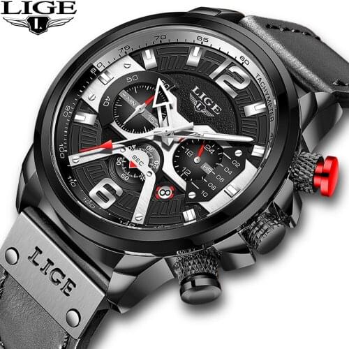 LIGE Luxury Brand Men Military Sport Watches Mens Quartz Clock Leather Strap Waterproof Date Wristwatch Reloj Hombre+gift box