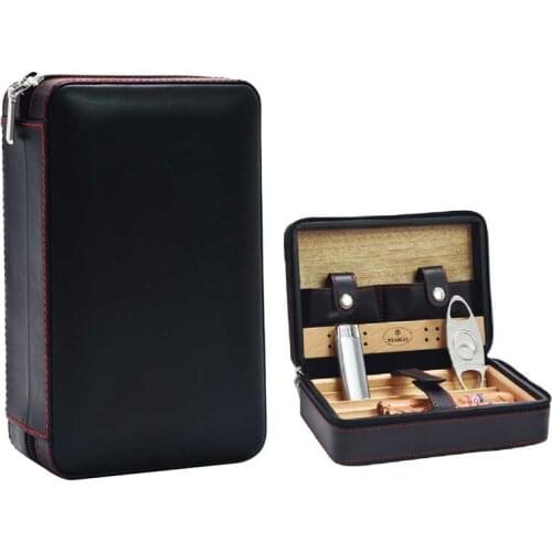 Genuine Leather Solid Cedar Wood Tray Cigar Case Travel Carry 4 Tubes Mini Humidor Box Cigars Accessories with Cigars Humidifier