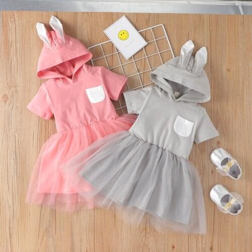 Kids Dresses for Girls Toddler Girl Dress Cute Rabbit Ear Solid Patchwork Mesh Short Sleeve Princess Dress Baby Girl Clothes1-6Y