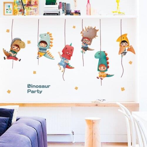Dinosaur Party Wall Stickers Kids Room Decoration Cartoon Animal Girl Boy BedRoom Decor Aesthetic Art Wallpaper