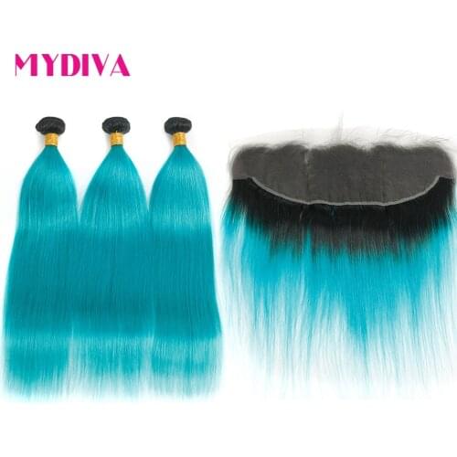 Ombre Bundles With Closure Brazilian Straight Hair Weave Bundles With Frontal 13x4 T1B/Peacock Blue Human Hair Extensions Remy
