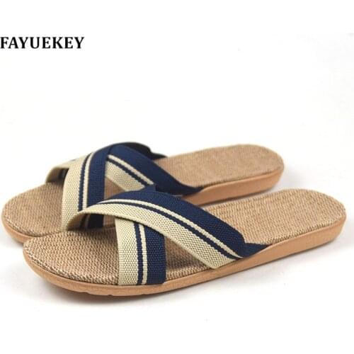 FAYUEKEY Summer Home Striped Cross Linen Non-slip Breathable Slippers Men Indoor\Floor Beach Boys Open-Toed Slippers Shoes