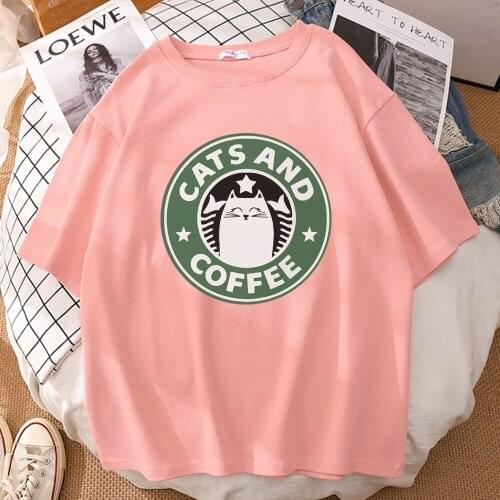 Cats And Coffee Kawaii Print Tops Man Casual Oversize T Shirt Brand Summer Casual Wear Creative Crewneck Loose Mens T Shirts