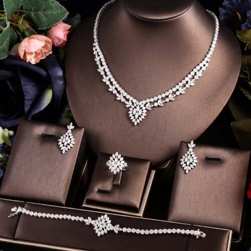 Janekelly 4pcs Bridal Zirconia Full Jewelry Sets For Women Party, Luxury Dubai Nigeria CZ Crystal Wedding Jewelry Sets