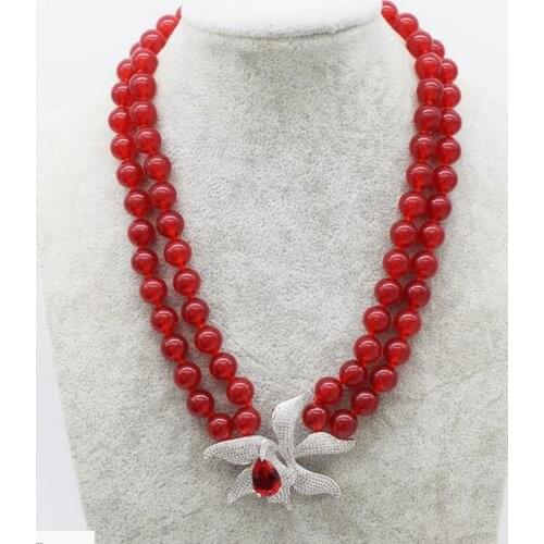 2rows red round 8mm bead &zircon flower necklace 17-18" wholesale beads