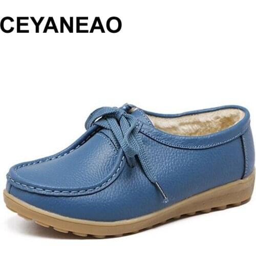 CEYANEAO Fashion women genuine leather flat plush casual shoes ladies solid sneakers shoes round toe stitching female non-slip