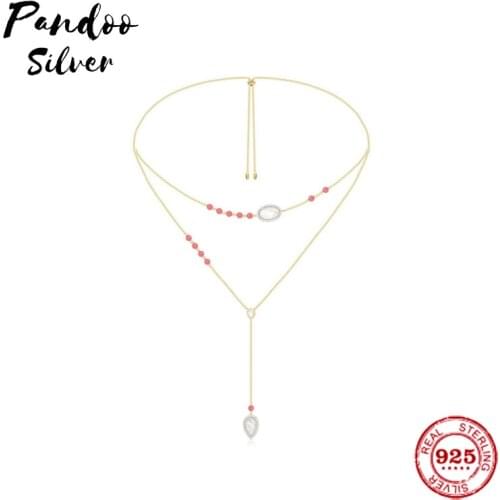 Fashion Charm Sterling Silver Copy 1:1 Copy,Adjustable Double Chain Long Necklace With Pink Coral & Mother Of Pearl Women 2021