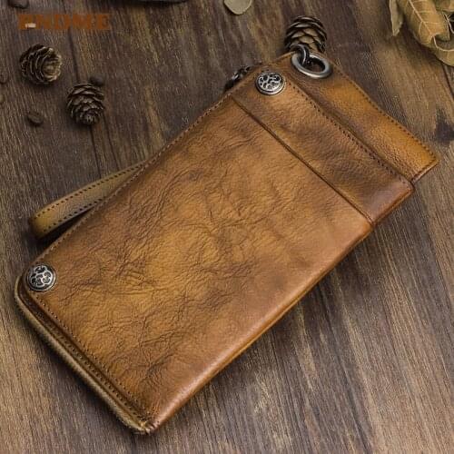 Vintage genuine leather mens long clutch wallet fashion casual natural cowhide large-capacity designer ladies phone coin purse