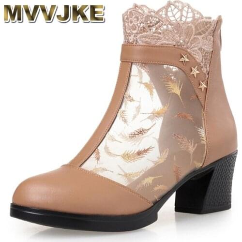 MVVJKE New Summer Ankle Boots For Women Genuine Leather Fashion Cut-Outs Mesh Zip Sandals Ladies Peep Toe High Heel Shoes Woman