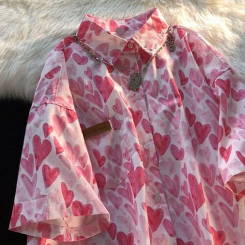 French flower shirt women niche chic necklace love loose lazy short-sleeved shirt unisex summer loose retro high street Japanese