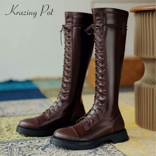 Krazing Pot equestrian boots real cow leather leisure large size round toe thick med heel lace up daily wear knee-high boots L90