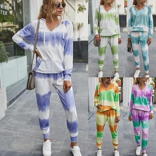 Lovelyfox womens homewear 2021 spring/summer new casual hood tie dyeing suit women sleepwear women set kawaii pajamas