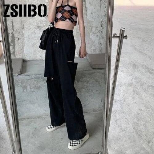 Autumn Womens pants harajuku punk jogger pants Loose trousers Vintage High Waist Broken Hole pants Sweatpants Drawstring size