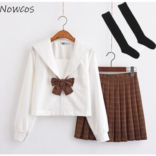 Long Sleeves Japanese School Uniform Girl Sailor Dress Red/Khaki Plaid Skirt Uniformes Japonais Korean Costumes For Girl