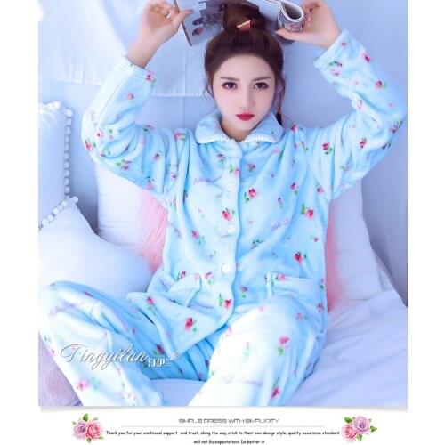 Lady Coral Fleece Pajama Female Thickened Warm Homewear Girls Long Sleeve Flannel Students Leisure Sleepwear Plus Size D-2115