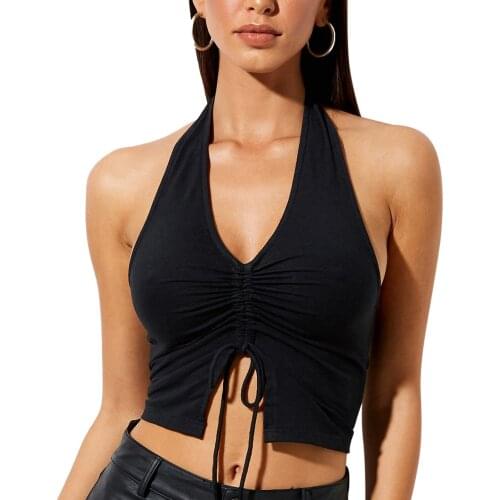 Womens Solid Color Crop Tops Halter Vest Summer Ladies Sexy V Neck Elastic Bust Sleeveless Shirts Tank Tops Black Clubwear