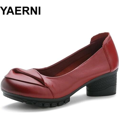 YAERNI 2019 Retro Style Handmade Genuine Leather Shoes Women Thick With Heels Flowers Pumps Round Toe High Heels