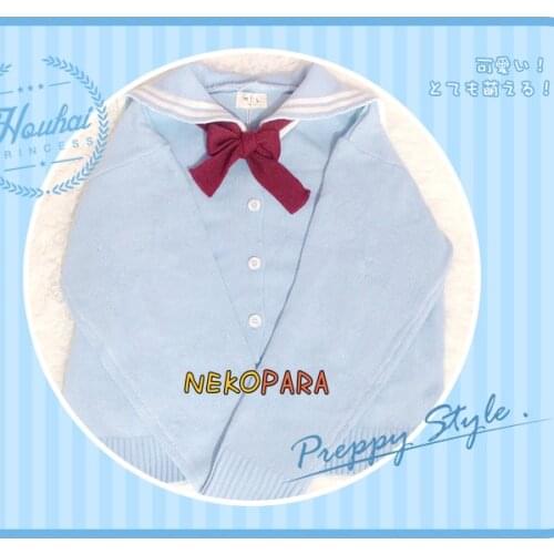 Preppy Style Womens Sailor Collar Winter Sweater Japanese JK Long Sleeve Cardigan Open Stitch with Red Bow Necktie Blue & White