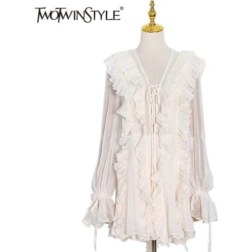 TWOTWINSTYLE Patchwork Ruffle Elegant Dress For Women V Neck Long Sleeve High Waist Solid Mini Dresses Female Fashion New Spring