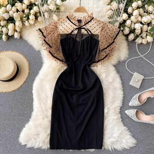 2021 Spring New French Retro Wave Dot Mesh Stitching Vestidos Female Lotus Leaf Sleeve Waist Slim Sexy Hip Midi Dress C470